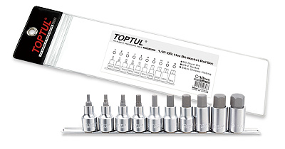 Набор торцевых головок 1/2" с шестигранными вставками 4-19 мм L=55 мм на планке 10 предметов TOPTUL